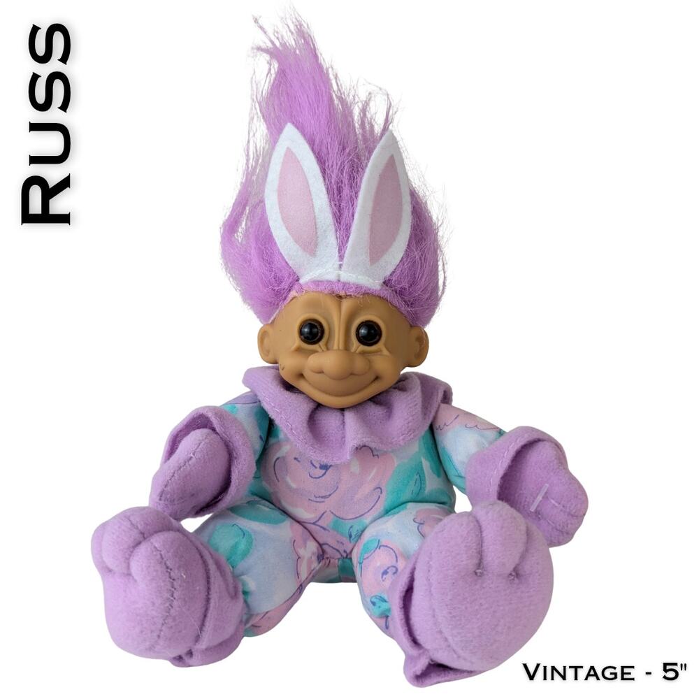 VTG Russ Luv Pet Easter Bunny Troll Doll w/ Tags 5" Girl Purple Hair Floral PJs
